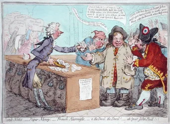 Abertura do Orçamento, ou John Bull dando suas calças para salvar seu Bacon, publicado por Hannah Humphrey em 1796 (gravura colorida à mão)