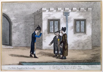 Ilustração 4 de "O progresso do ancinho na universidade", publicado por Hannah Humphrey em 1806 (gravura à mão colorida)