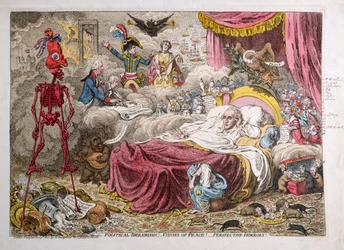 Sonhos políticos! - Visões de Paz! - Perspective Horrors! publicado por H. Humphrey em 1801 (gravura colorida à mão)