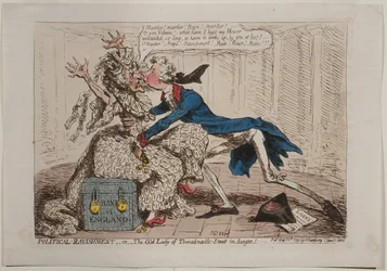 Ravishing político, ou a senhora idosa da rua de Threadneedle no perigo!, Publicou por Hannah Humphrey, 1797 (gravura à mão colorida)