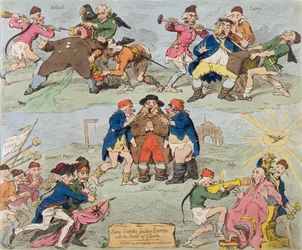 Sans-Culottes Alimentando a Europa com o Pão da Liberdade, publicado por Hannah Humphrey em 1793 (gravura à mão colorida)
