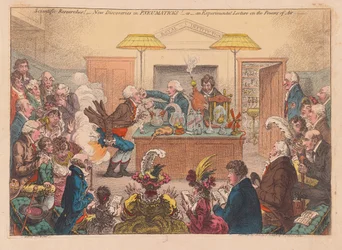 Pesquisas Científicas! Novas descobertas na Pneumaticks! Ou uma Palestra Experimental sobre os Powers osf Air, pub. 1802 (gravura colorida à mão)