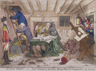 Search Night, ou The Watchmen State Mistaking Honest-men for Conspirators, publicado por Hannah Humphrey em 1798 (gravura à mão colorida)