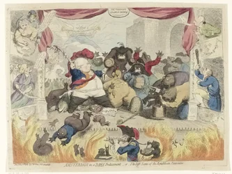 Caricatura do pânico entre os patriotas após a recuperação do stadtholder William V, 1787 Amsterdam em uma situação represada, - ou - A Última Cena da Pantomima Republicana (título no objeto)