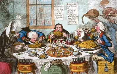 Substitutos do Pão, ou Os Honoráveis Salvando os Pães e Dividindo os Peixes, publicado por Hannah Humphrey em 1795 (gravura colorida à mão)
