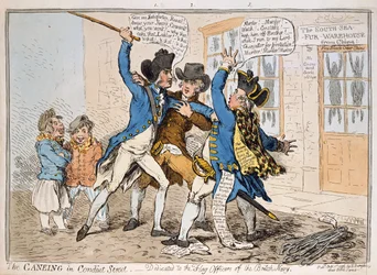 O Caning em Conduit Street, publicado por Hannah Humphrey, 1796 (gravura colorida à mão)