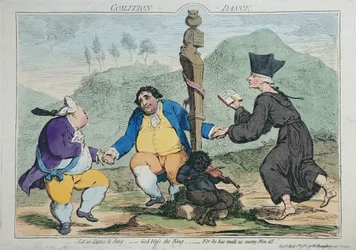 The Coalition-Dance, publicado por William Humphrey em 1783 (gravura à mão colorida)