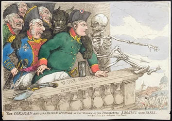 O Córsega e seus Blood Hounds na Janela das Tulherias, Olhando por cima de Paris, publicado por Hannah Humphrey em 1815 (gravura à mão colorida)
