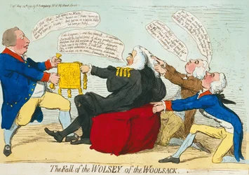 A Queda do Wolsey of the Woolsack, publicado por Hannah Humphrey em 1792 (gravura à mão colorida)
