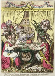 O Triunvirato Consular Francês que estabelece a Nova Constituição com uma espreitadela nos Buracos de Pombo Constitucionais de Abbe Sieyes ao fundo, publicado por Hannah Humphrey em 1800 (gravura colorida à mão)
