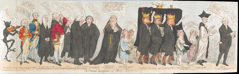 O Funeral Procissão de Miss Regency, pub. 1789 (gravura colorida à mão)