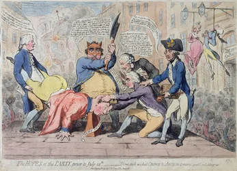 As esperanças do partido, antes de 14 de julho - "From such wicked Crown and Anchor-Dreams, good Lord deliver us", publicado por S.W. Fores em 1791 (gravura colorida à mão)