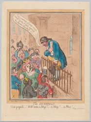 As Hustings Vox Populi bem tem uma caneca! Uma caneca! Uma caneca!, Bar. 1796 (gravura colorida à mão)