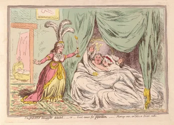 O Smuggler de Jersey detectou, ou boa causa para a separação, os votos de casamento são falsos como Dicers juramentos, pub. 1796 (gravura colorida à mão)