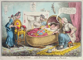 A enfermaria! com Britannia reposing in Peace, publicado por Hannah Humphrey em 1802 (gravura à mão colorida)