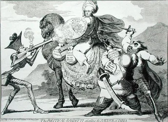The Political Banditti Assailing the Saviour of India, publicado por W. Holland em 1786 (gravura)
