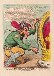 Os direitos do homem, ou Tomm Paine, o Little American Taylor tomando a medida da Coroa para um novo Par de Revolução Breeches, pub. 1791 (gravura colorida à mão)