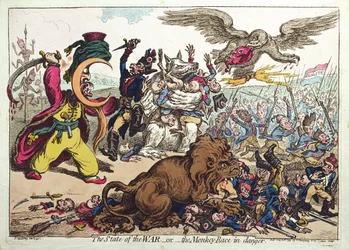 O Estado de Guerra, ou A Raça dos Macacos em Perigo, publicado por Hannah Humphrey em 1799 (gravura colorida à mão)