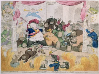 A Rendição de Amesterdão, ou O Duque de Brunswick (1771-1815) em Bustle, publicado por S.W. Fores em 1787 (gravura a cores)
