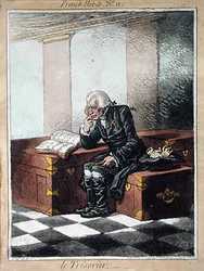 O Tesoureiro, placa 11 de "Hábitos Franceses" publicada por Hannah Humphrey em 1798 (gravura colorida)