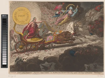 William Pitt verdijft de duistere krachten, 1795 Luz Expelindo escuridão, - evaporação de exalações estígias, - ou - O sol da constituição, subindo acima das nuvens de oposição (título no objeto)
