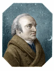 Retrato de William Herschel (1738 - 1822) sobre um fundo de céu estrelado - de uma gravura de cobre de James Godby