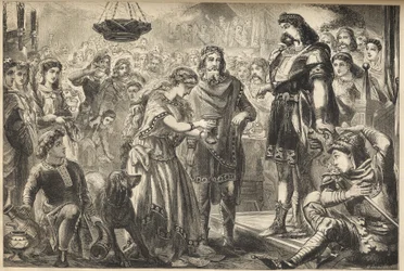 Vortigern (Gwrtheyrn) (século V), rei dos Bretões, e Rowena - Rowena, filha de Hengist, oferece vinho a Vortigern, rei tribal dos Britanos - Vortigern, rei da Bretanha, apaixonado por Rowena no banquete de Hengist, o general saxão - gravura