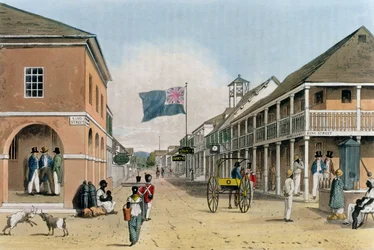 Vista da Harbor Street, Kingston, Jamaica, de "Um passeio pitoresco pela ilha da Jamaica", gravado por Thomas Sutherland