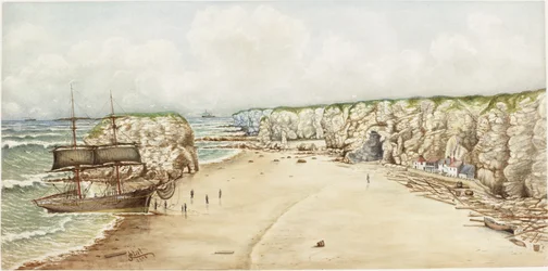 Brig encalhado em Marsden Rock (aquarela, bodycolour e lápis no papel no cartão))