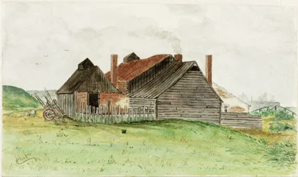 Cottage perto Trow Rocks (aquarela e bodycolour no papel)