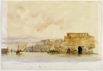 Cena da costa com barcos à vela (aquarela, cor do corpo sobre grafite no papel)