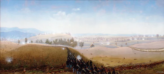 O 7º Maine a avançar sobre corpos de Confederados na "Sunken Road" (óleo sobre tela)