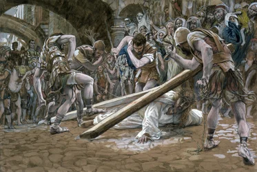 Cristo cai abaixo da cruz, ilustração para a vida de Cristo, c.1884-96 (wc & guache no cartão)