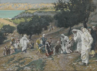 Jesus cura os cegos e coxos na montanha, ilustração da vida de nosso Senhor Jesus Cristo (wc sobre grafite no papel)