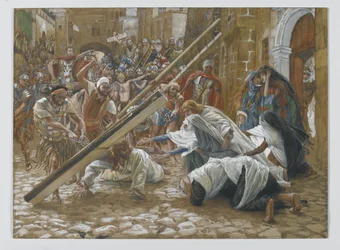 Jesus encontra sua mãe, ilustração da vida de nosso senhor Jesus Cristo, 1886-94 (wc sobre o grafite no papel)