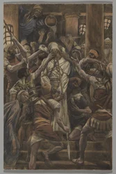 Maus-tratos na Casa de Caifás, ilustração da Vida de Nosso Senhor Jesus Cristo, 1886-94 (wc sobre grafite sobre papel)