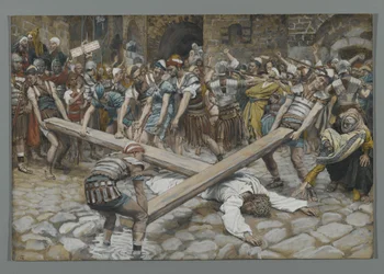 Simão o Cirineu Compelido a Levar a Cruz com Jesus, ilustração da Vida de Nosso Senhor Jesus Cristo, 1886-94 (wc sobre grafite sobre papel)