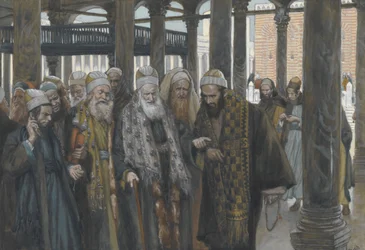 Os principais sacerdotes tomam o conselho Juntos, ilustração da Vida de Nosso Senhor Jesus Cristo, 1886-94 (wc sobre grafite sobre papel)