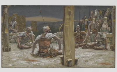 Os quatro guardas sentaram-se e assistiram-no, ilustração da vida de nosso senhor Jesus Cristo, 1886-94 (wc sobre o grafite no papel)