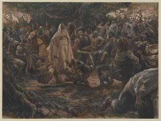 Os guardas caindo para trás, ilustração da vida de nosso Senhor Jesus Cristo, 1886-94 (wc sobre grafite no papel)