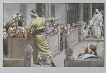 O homem cego curado conta sua história aos judeus, ilustração da Vida de Nosso Senhor Jesus Cristo, 1886-96 (wc sobre grafite sobre papel)