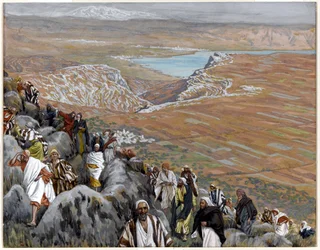 As pessoas procuram Cristo para torná-lo rei, ilustração para a vida de Cristo, c.1886-94 (wc e guache no cartão)