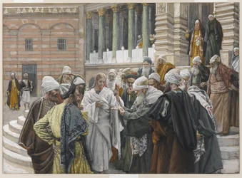 O dinheiro do tributo, ilustração da vida de nosso senhor Jesus Cristo, 1886-94 (wc sobre o grafite no papel)