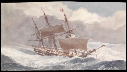 O Barham ao largo da Sardenha na sua passagem para Inglaterra com o Vice-Almirante Sir Pulteney Malcolm, meados do século XIX (aguarela)
