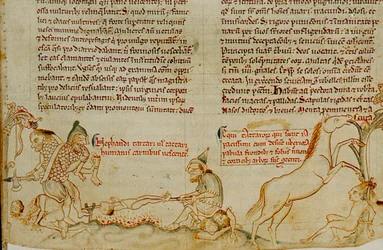 Manuscrito inglês do século XIII que mostra as tropas mongóis a cometerem atrocidades com base...
