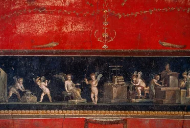 Afresco descoberto em Pompeia mostra querubins ourives a trabalhar. Pompeia, Itália.
