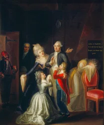A obra "As últimas despedidas de Luís XVI à sua família", de Jean-Jacques Hauer, retrata a...