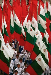 Procissão de bandeiras búlgaras durante as celebrações do Dia Nacional. Sófia, Bulgária.