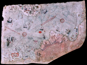 O mapa de Piri Reis Haritasi, concluído em 1513. MUSEU DO PALÁCIO TOPKAPI, ISTAMBUL, TURQUIA.