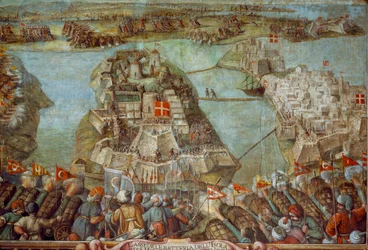 Este fresco retrata o cerco turco a Malta em 1565. Obra de arte.